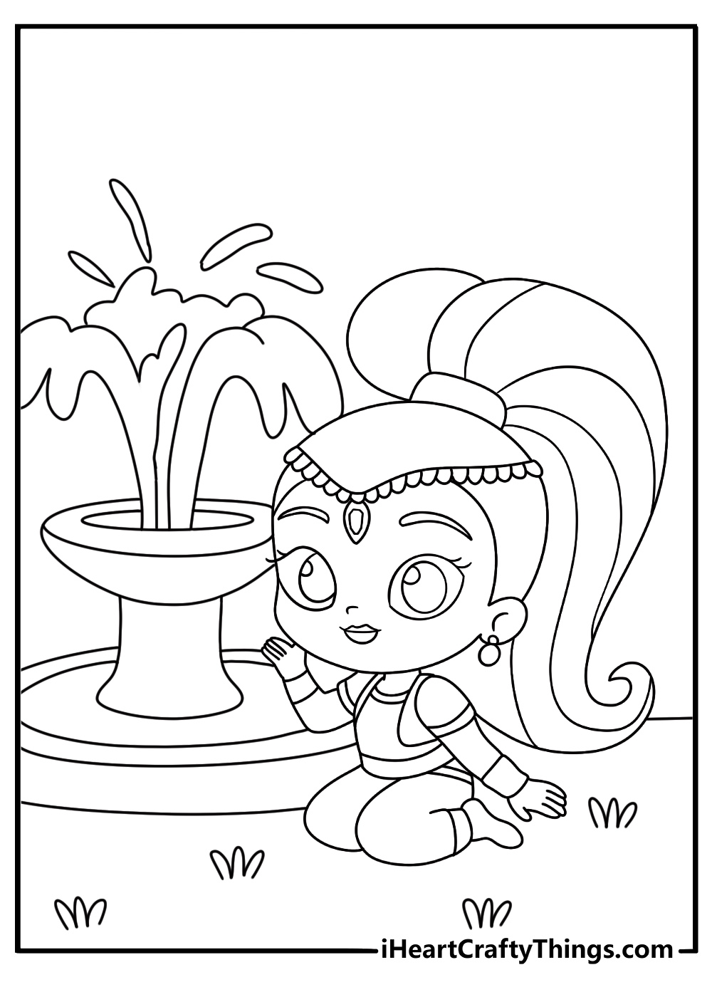 Printable fantasy scene showing Shine beside a magical fountain