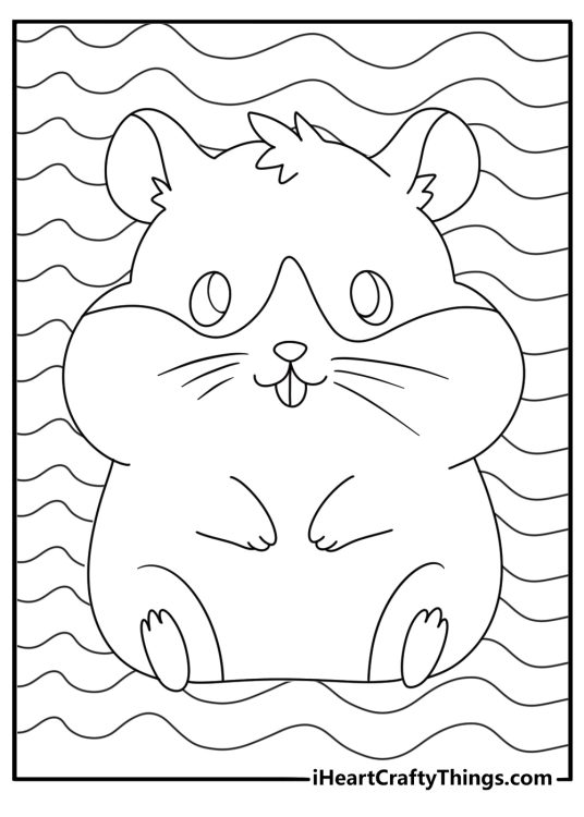 Printable image of a cute and fluffy sitting hamster with chubby cheeks surrounded by wavy lines in the background