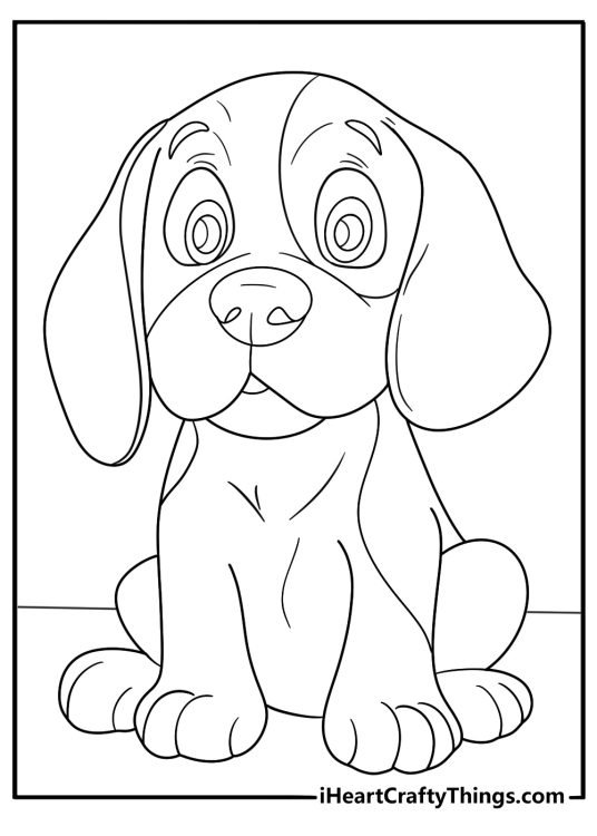 Printable image of a cute puppy with long floppy ears sitting calmly with curious facial expression
