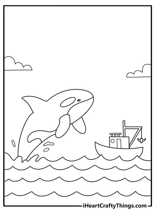 Printable orca coloring page with a killer whale diving under a fishing boat