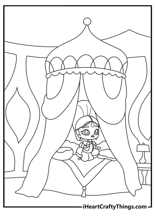 Printable page featuring Shimmer inside a colorful genie bedroom