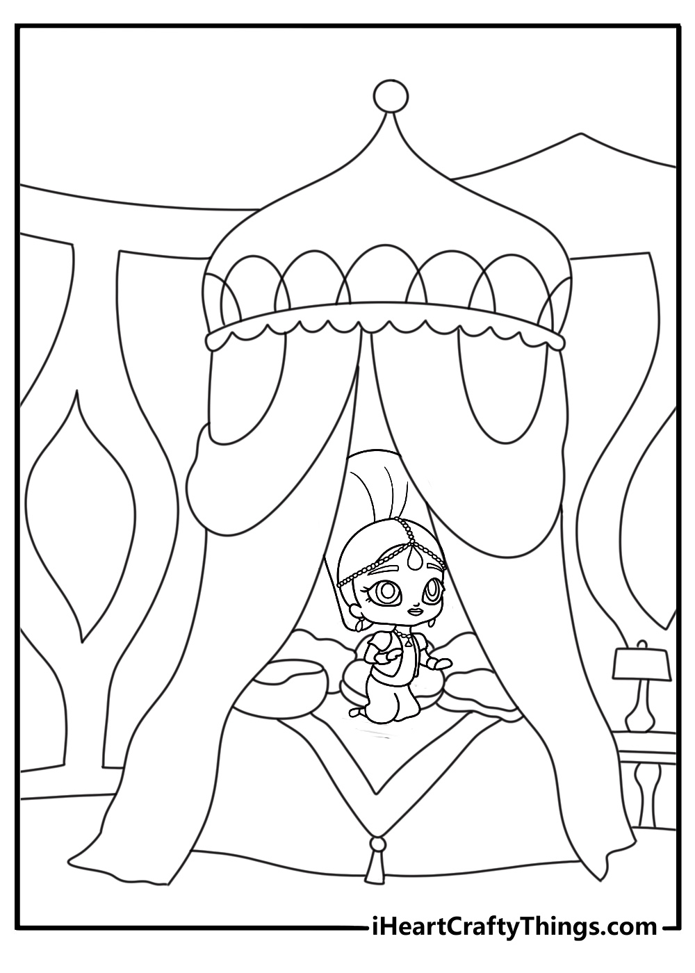 Printable page featuring Shimmer inside a colorful genie bedroom
