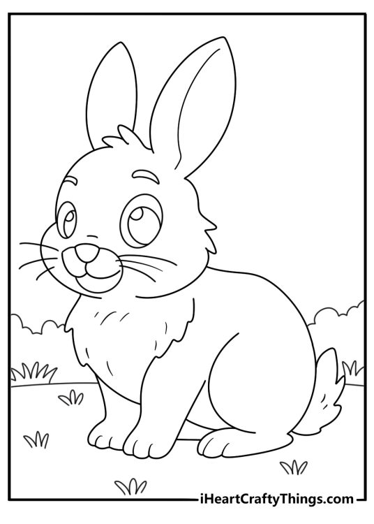Printable page featuring cute rabbit with shy facial expression and head slightly turned to the right side