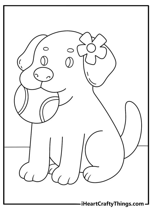 Printable page of a cute puppy with a pretty flower tucked behind the ear holding a tennis ball in the mouth