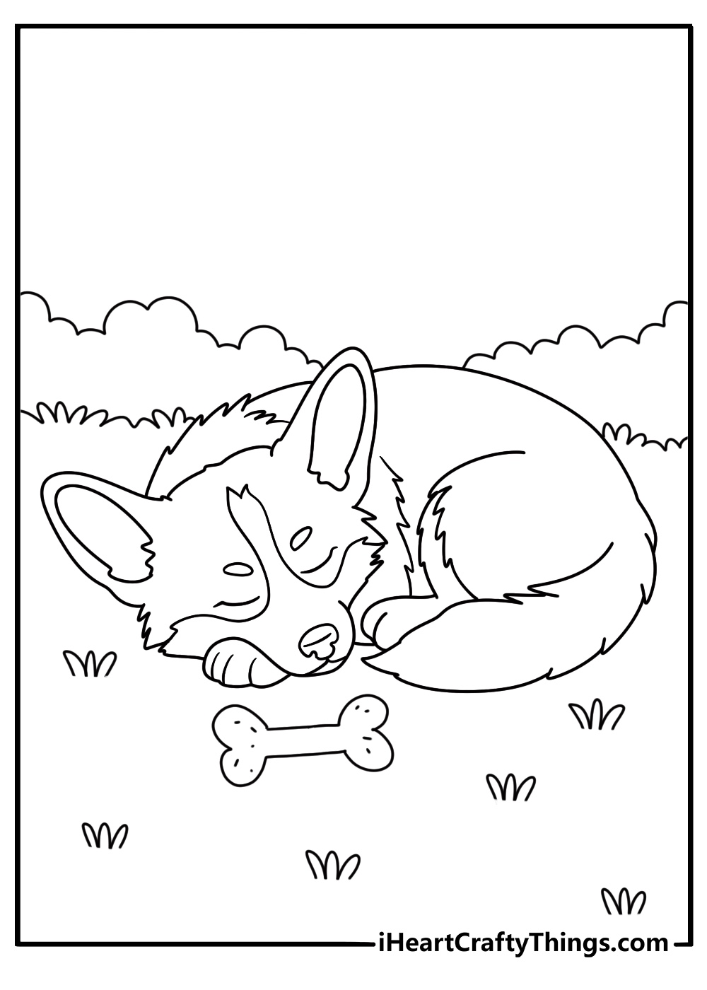 Printable page of an adorable Corgi taking a rest on the grass with a treat in front of him