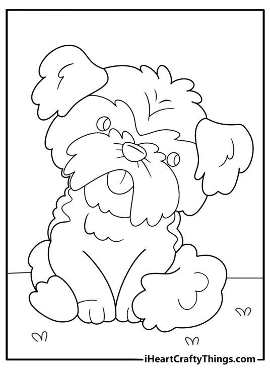 Printable page to color of a puppy listening intently with his head tilted to one side