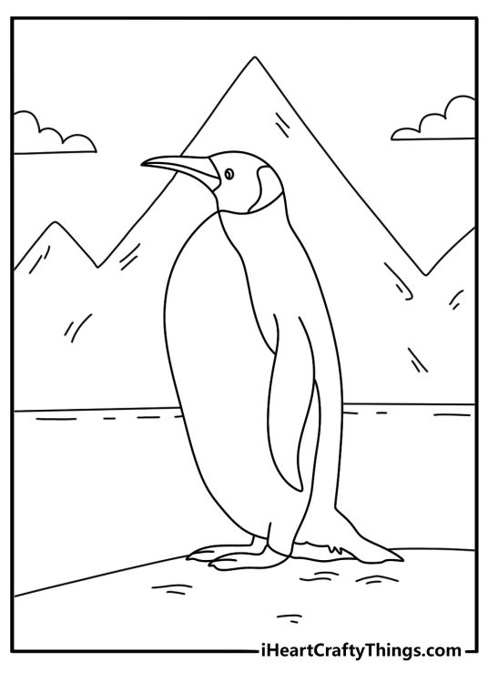 Printable penguin coloring page of an emperor penguin beside tall ice cliffs