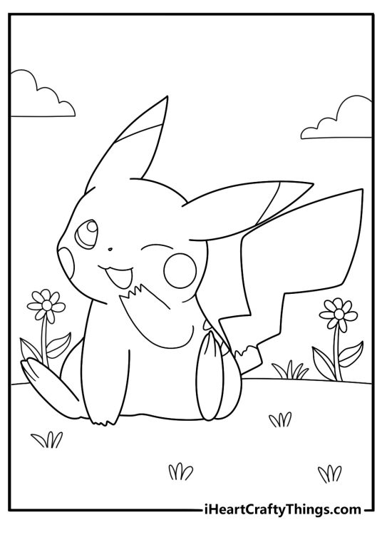 Printable picture of a Pikachu with one paw on his mouth and his long ears flattened to the side