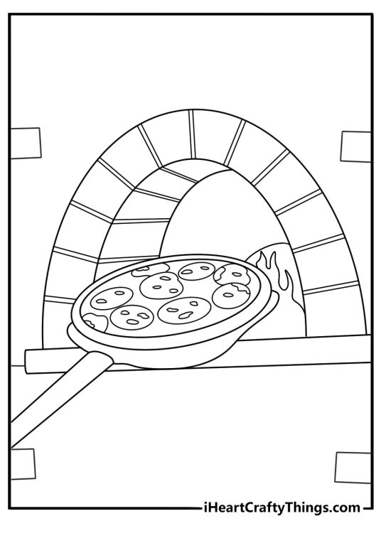 Printable pizza coloring page with a wood fired oven and pizza peel