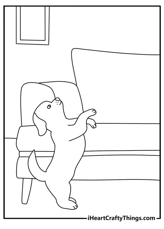 Printable puppy picture showing a dog climbing onto a low couch