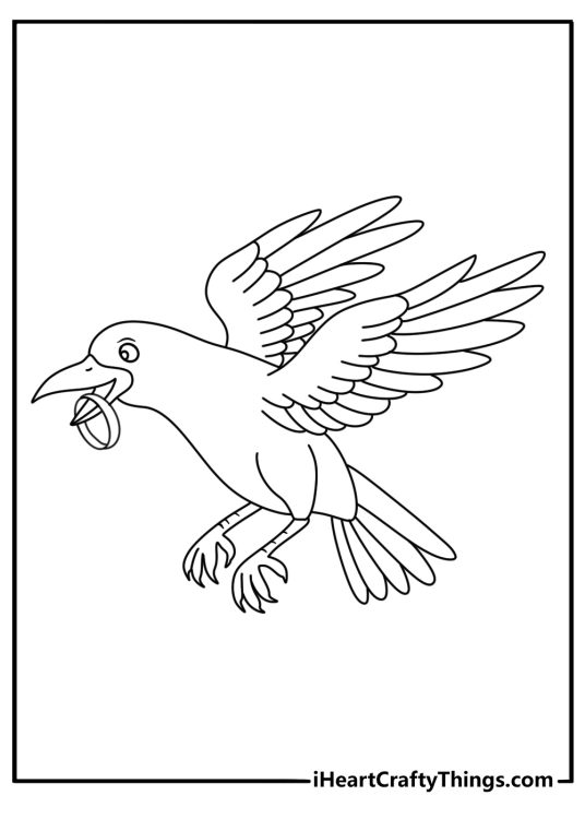 Printable raven coloring page with a raven stealing a silver ring
