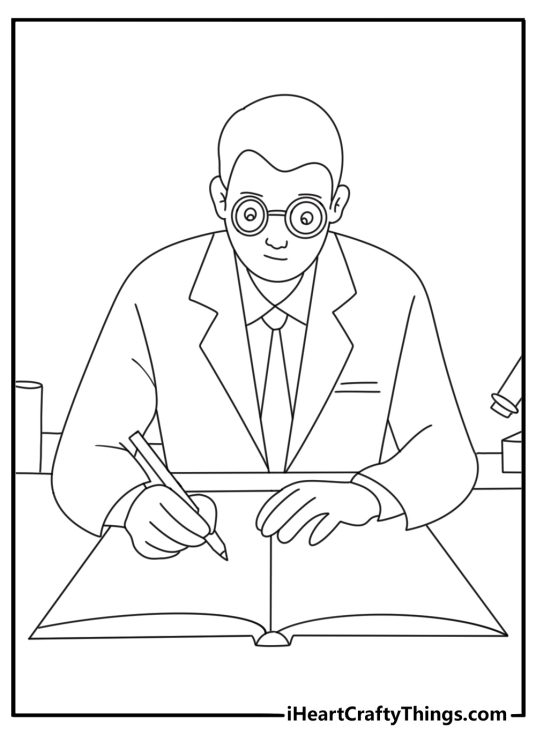 Printable science coloring page with a scientist writing notes beside a scale