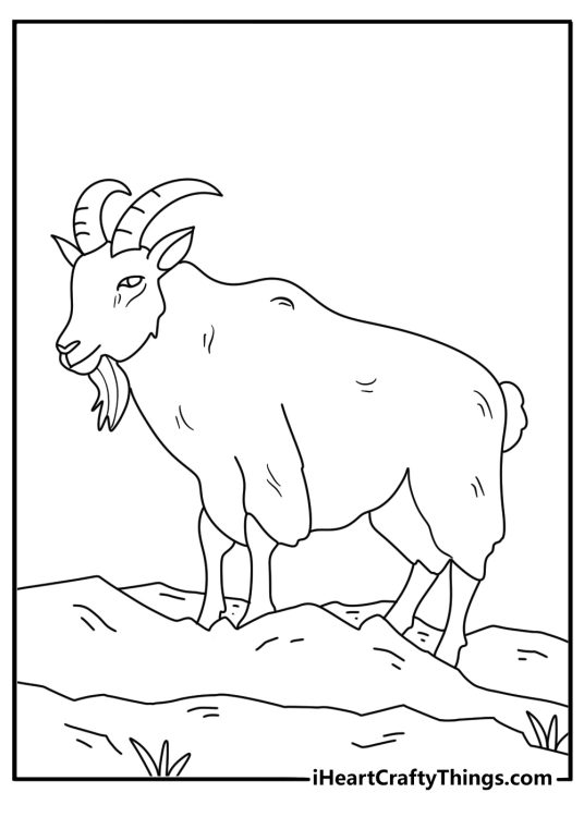 Printable sheep coloring page with a ram climbing a rocky hill