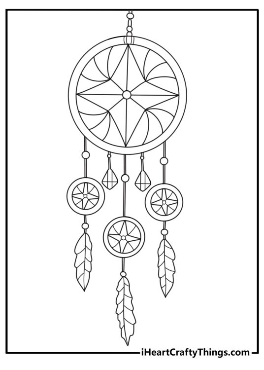 Printable sheet featuring dream catcher made of one big circle and three smaller circles