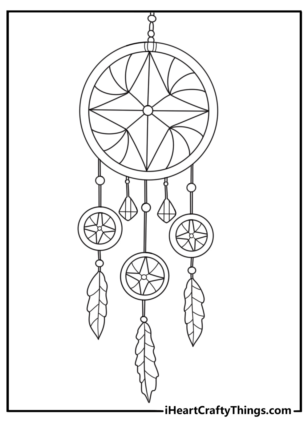 Printable sheet featuring dream catcher made of one big circle and three smaller circles