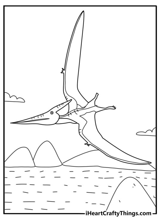 Pteranodon gliding above park lagoon printable coloring sheet for kids