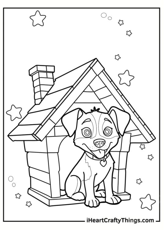 Dog in a little house coloring page