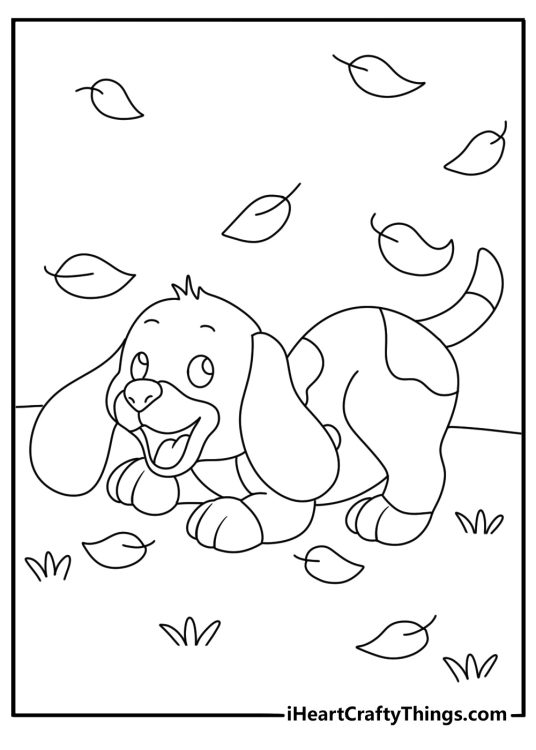 Puppy coloring pages scene showing a young dog exploring fallen leaves