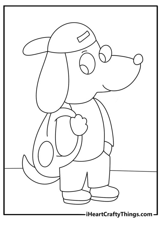 Puppy themed coloring page featuring cartoony pup on a walk with a backpack and a cap