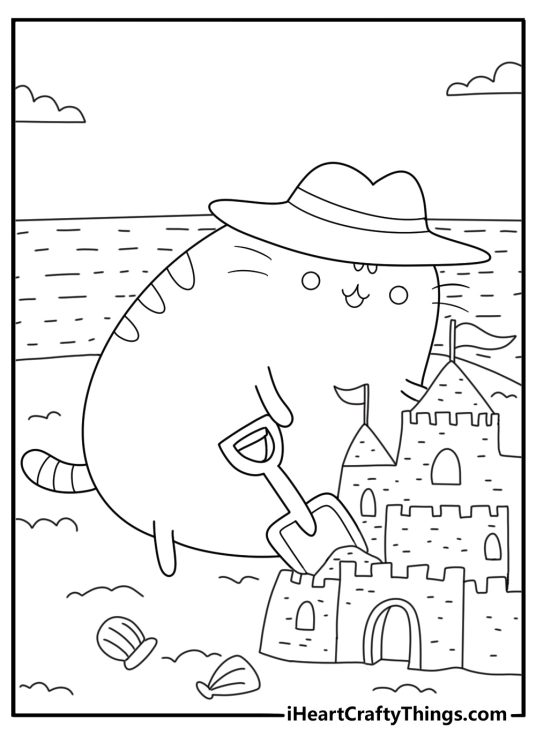 Pusheen at the beach coloring sheet showing her making a sandcastle beside the ocean waves