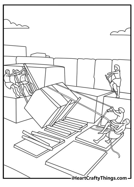 Pyramid builders moving stone blocks ramp scene detailed coloring page for adults
