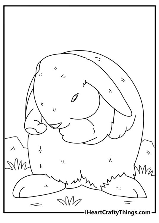 Rabbit coloring page showing rabbit grooming paw on grass simple printable