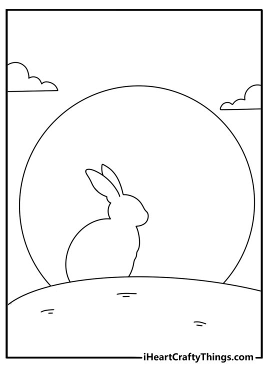 Rabbit coloring page with silhouette under a full moon night scene advanced printable