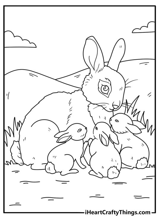 Rabbit nest with mother and three kits gentle coloring sheet for kids