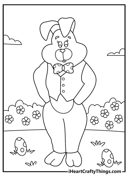 Rabbit themed picture of an Easter bunny with a cute vest and a bow tied around his neck walking on his back legs