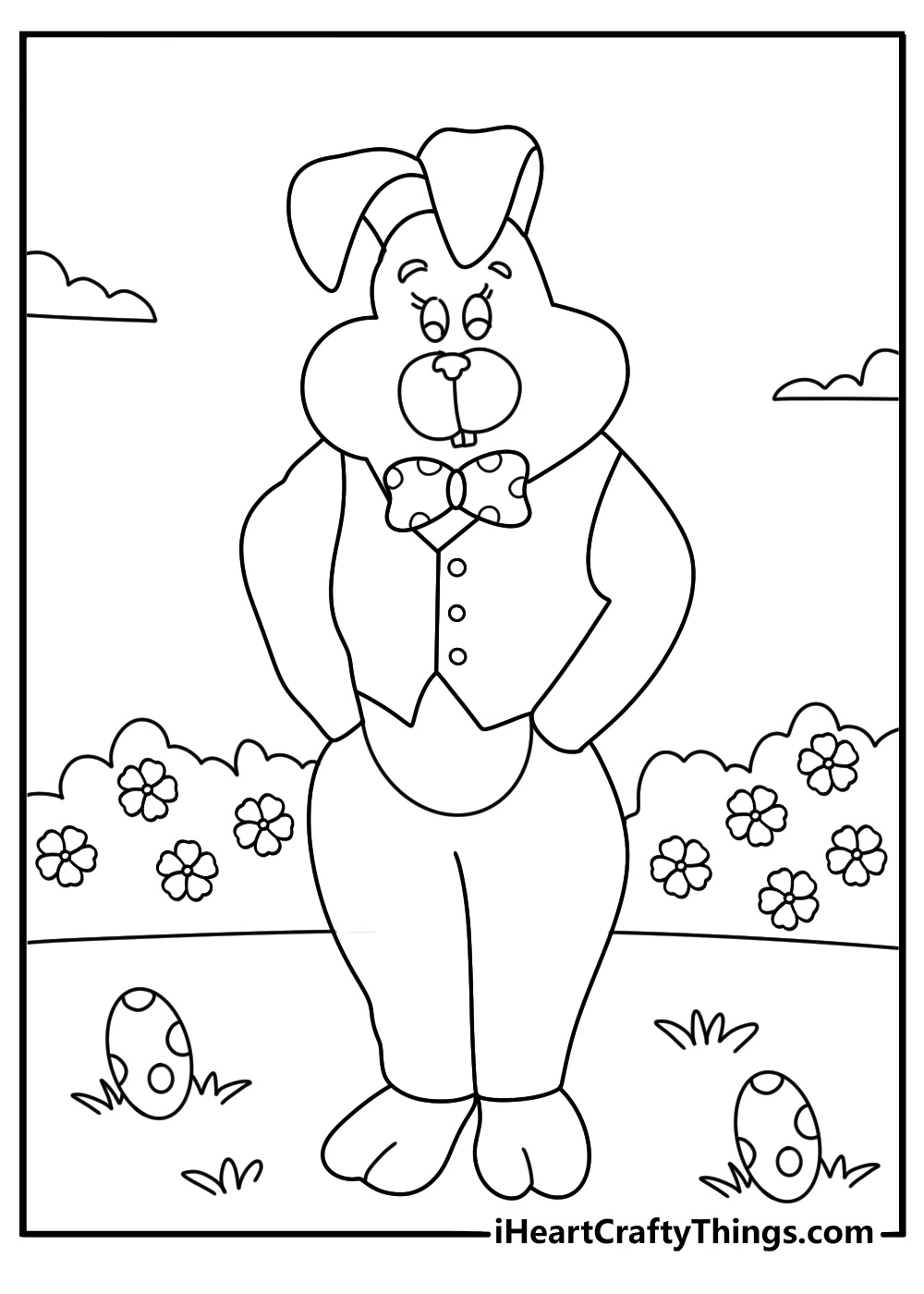 Rabbit themed picture of an Easter bunny with a cute vest and a bow tied around his neck walking on his back legs