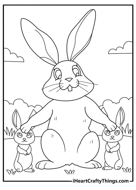 Rabbit themed printable picture featuring a doe proudly putting her arms around her two babies