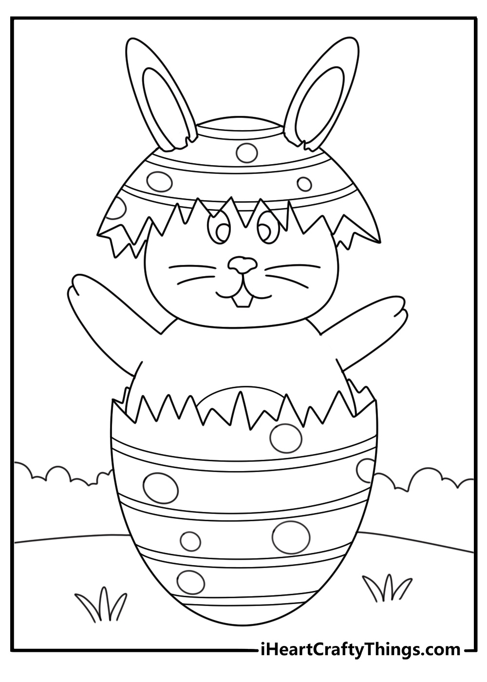 Rabbit themed printable sheet depicting rabbit popping out of a big spotted Easter egg