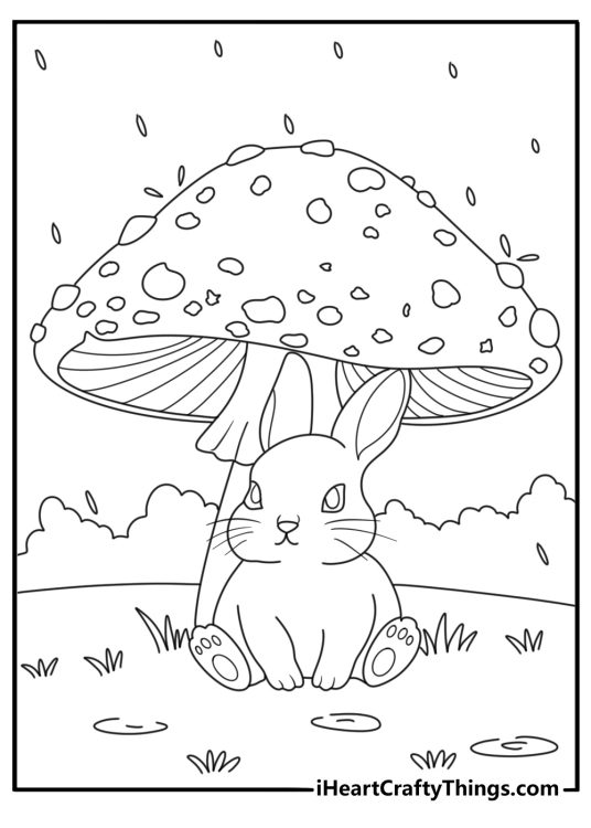 Rabbit under a big mushroom during light rain easy coloring page