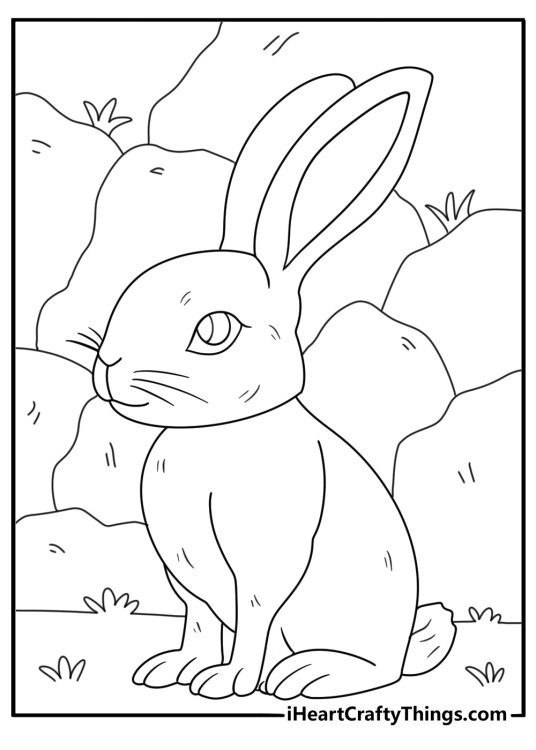 Rabbit with alert ears next to a stone wall simple coloring page