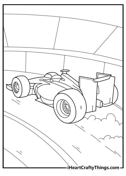 Race car drifting on a track curve with bold tire marks easy coloring page for kids