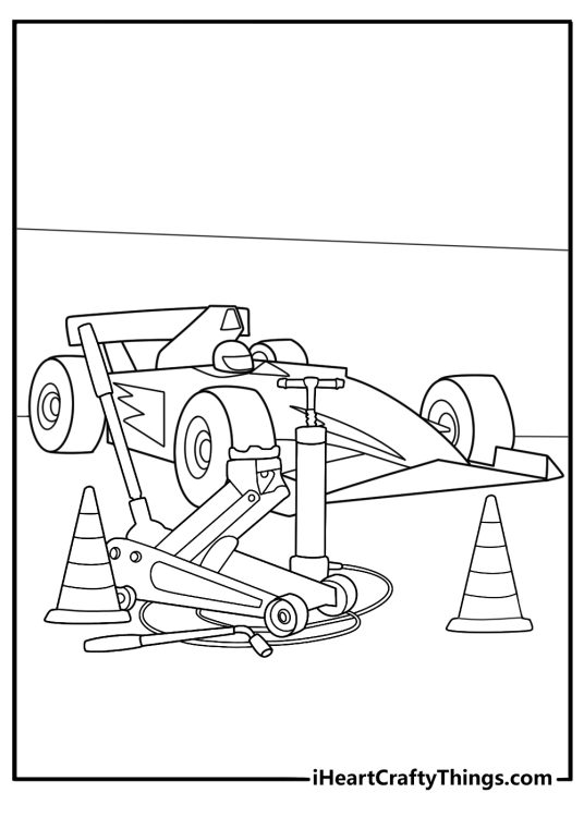 Race car in the pit lane with cones jack and fuel can printable coloring sheet for kids
