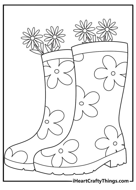 Rain boots with daisies coloring page cute printable download