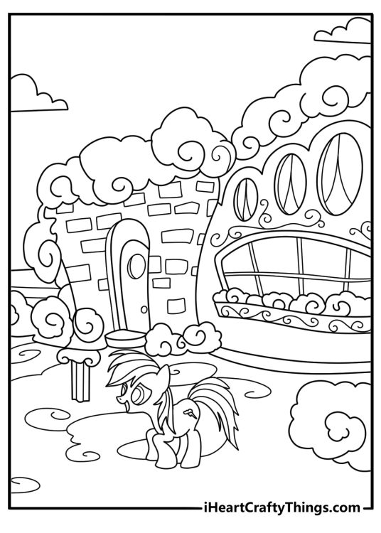 Rainbow Dash coloring page set inside Cloudsdale city