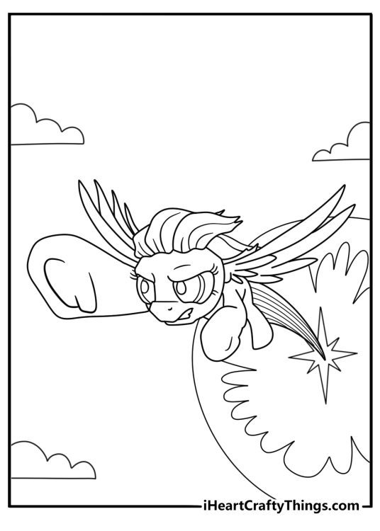 Rainbow Dash coloring page showing her performing a sonic rainboom across the sky