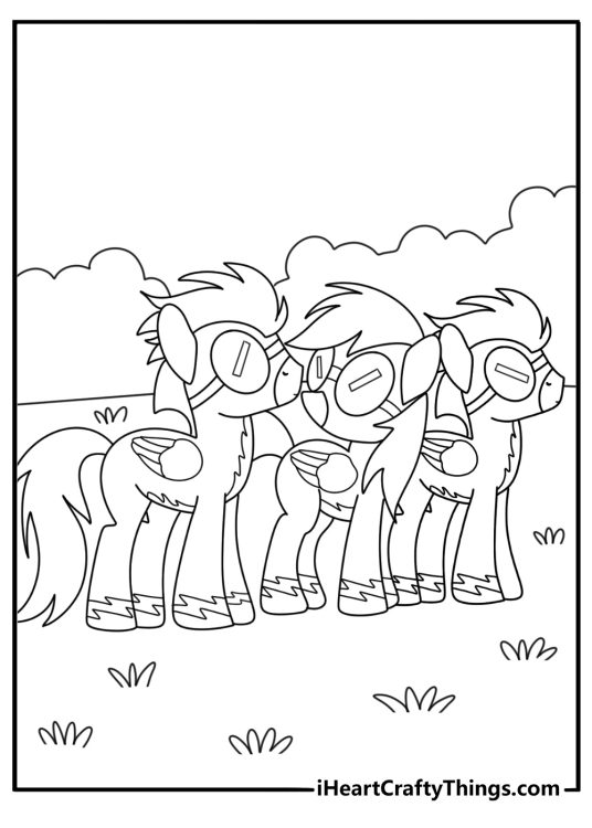 Rainbow Dash coloring page with Wonderbolts uniform during flight practice