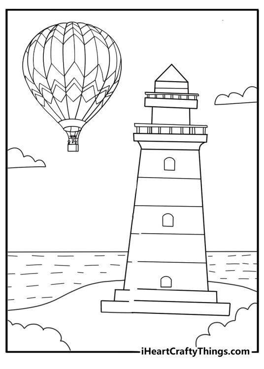 Rainbow stripe hot air balloon over lighthouse detailed coloring page pdf