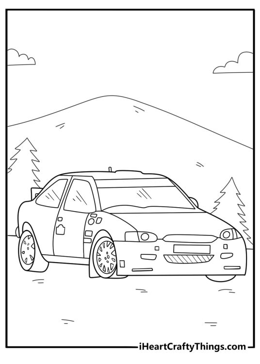 Rally race car on a forest road with pine trees detailed coloring page for adults