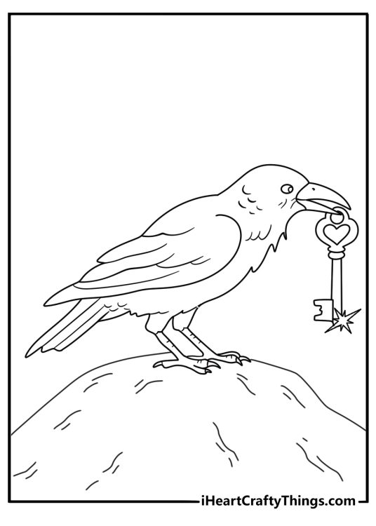 Raven coloring page for kids with a raven carrying a shiny key