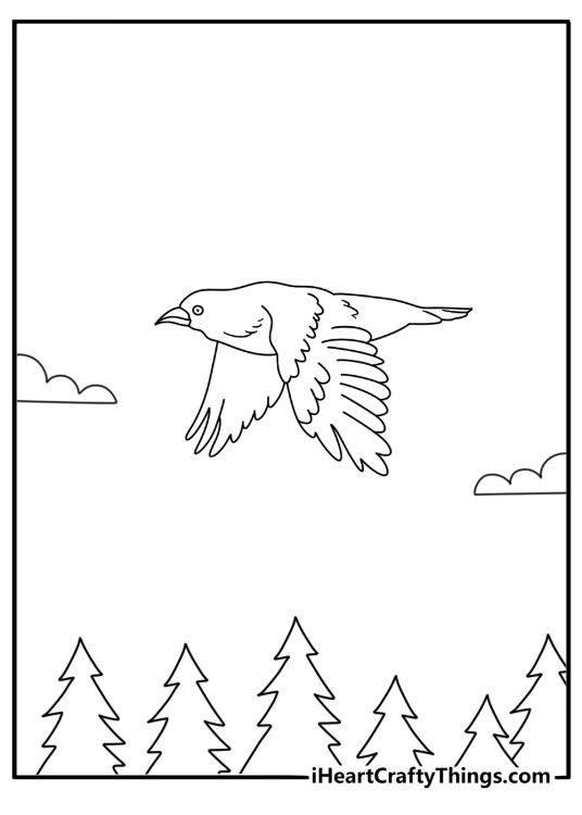 Raven coloring page with a raven flying over a dark pine forest