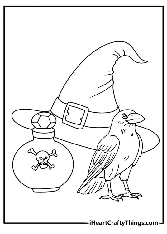 Raven coloring page with a raven near a witch hat and potion bottle