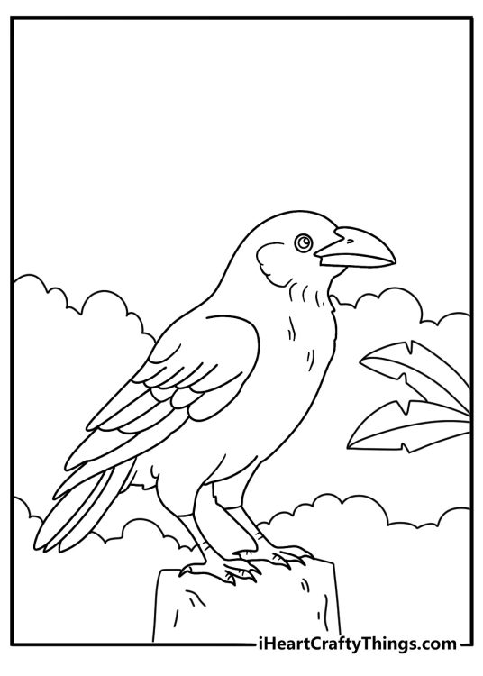 Raven coloring pages scene with a raven watching over a misty field