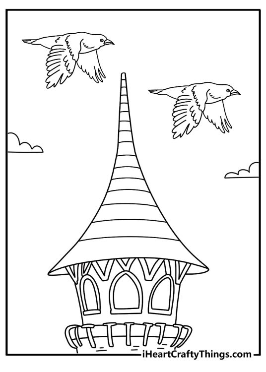 Raven coloring printable with a raven flying above a castle tower