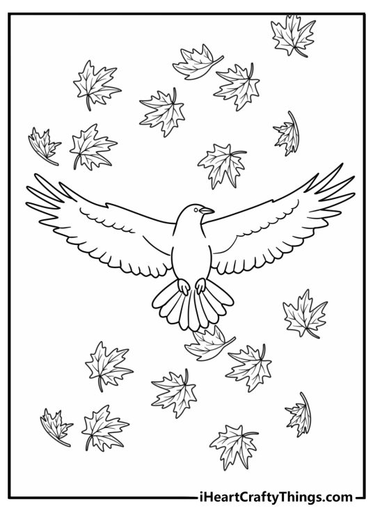 Raven coloring sheet with a raven wing spread beside falling leaves