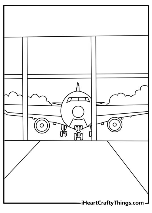 Realistic airplane coloring pages with a passenger jet parked beside an airport gate