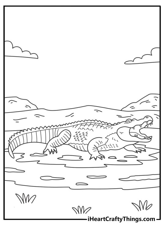 Realistic crocodile coloring page with a reptile walking along muddy ground